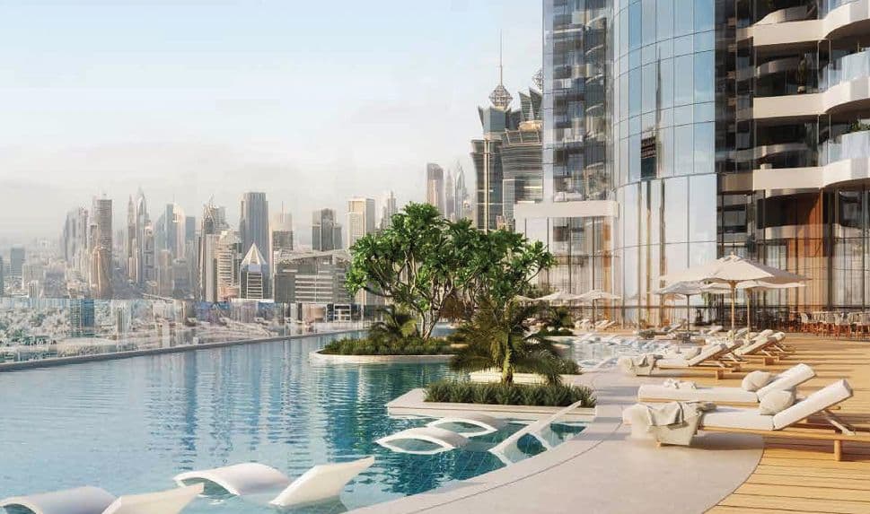 Business Bay — the infinity pool deck overlooking the Dubai skyline