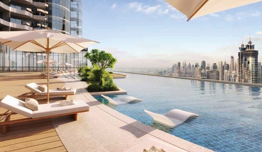 Al Habtoor Tower — the podium pool terrace at sunset