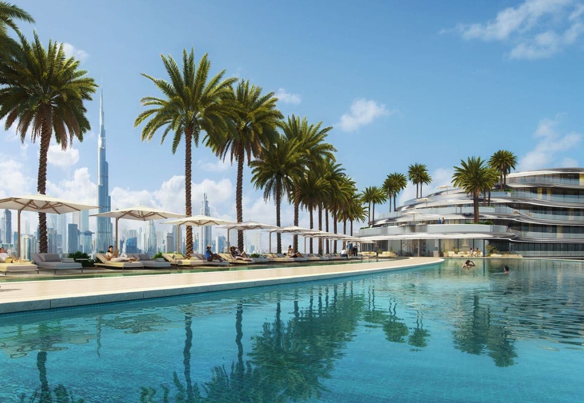 Binghatti Aquarise — the landscaped pool deck