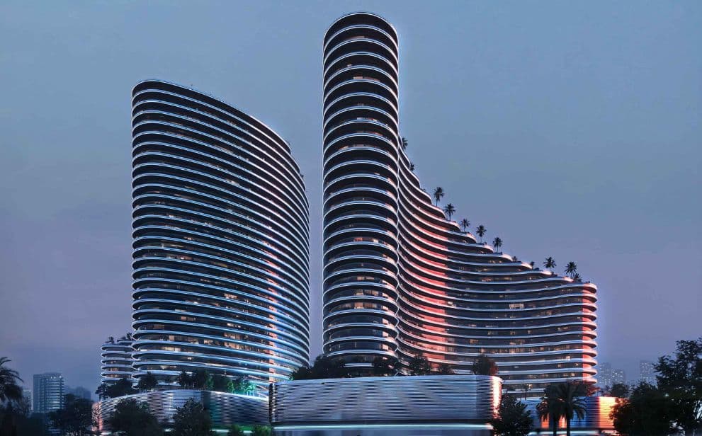 Binghatti Skyflame — the illuminated facade at night