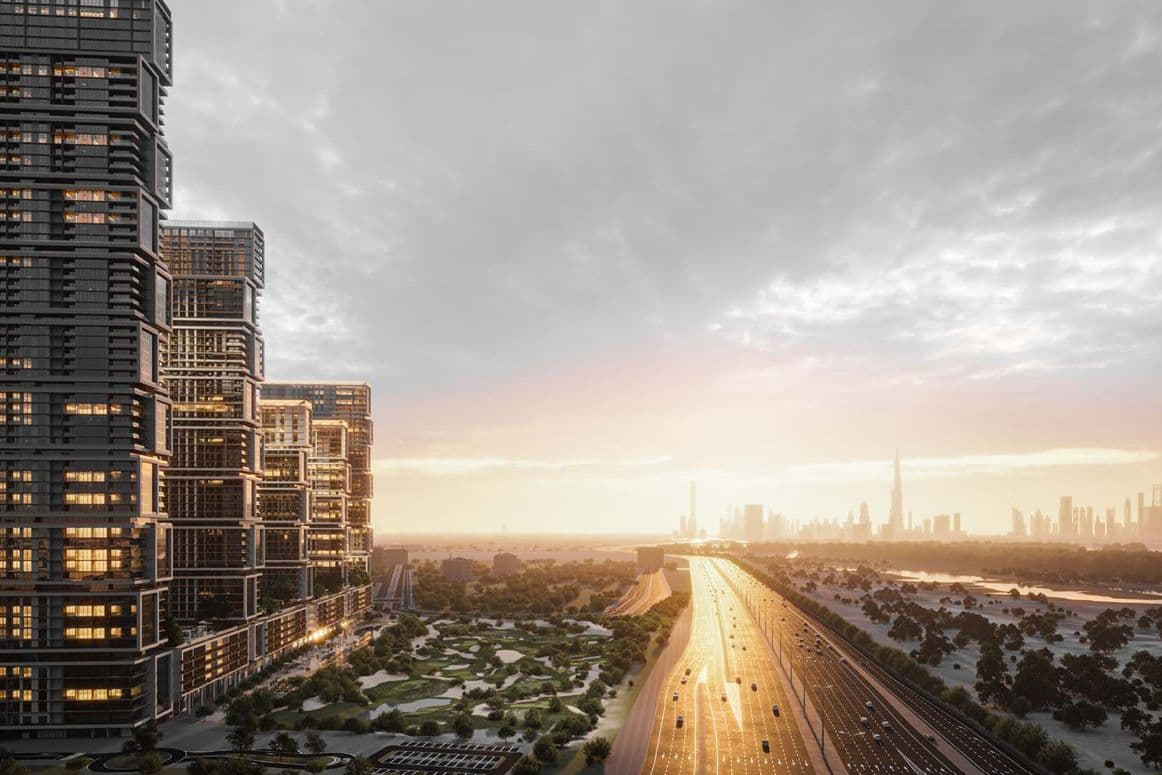 The Element at Sobha One — the tower at sunrise above the skyline